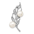 Sterling Silver Rhodium-plated Leaf Accented with CZ and 7-8mm White Button Freshwater Cultured Pearl Pin Brooch - Birthstone Company