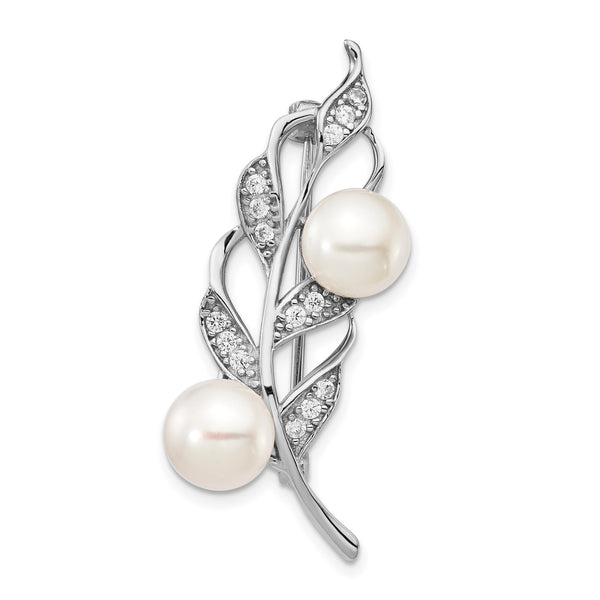Sterling Silver Rhodium-plated Leaf Accented with CZ and 7-8mm White Button Freshwater Cultured Pearl Pin Brooch - Birthstone Company