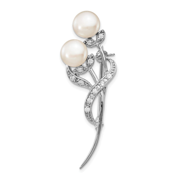 Sterling Silver Rhodium-plated Flowers with CZ and 7-8mm White Button Freshwater Cultured Pearls Pin Brooch - Birthstone Company