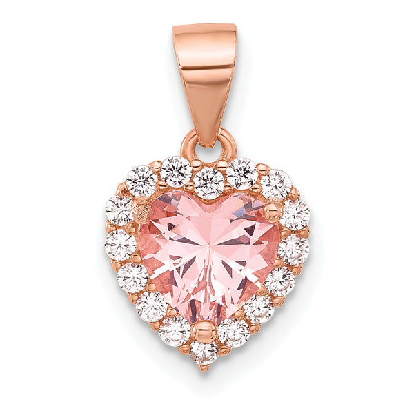 Sterling Silver Rose-plated Pink Crystal Heart and Clear CZ Pendant