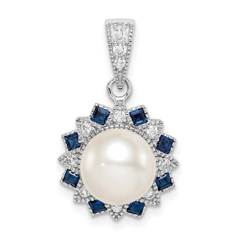 Sterling Silver RH-plated FWC Pearl/Syn. Blue Spinel Flower Pendant - Birthstone Company