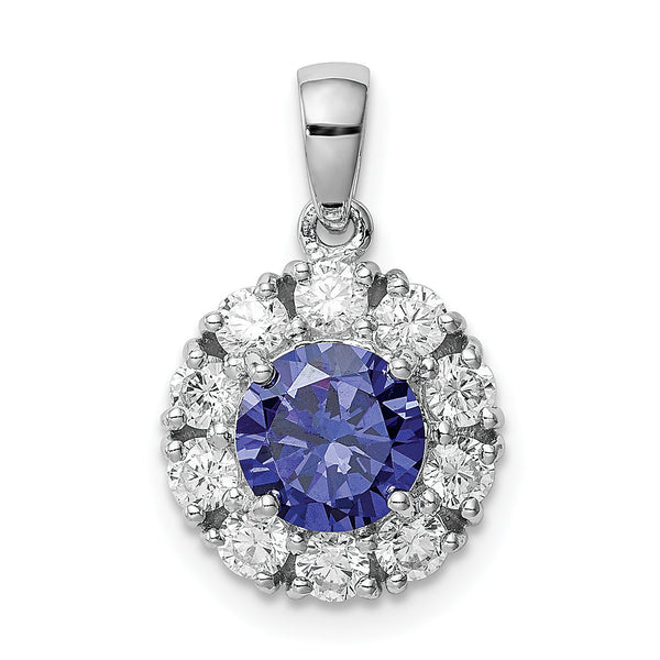 Sterling Silver Rhodium-plated Blue and White CZ Halo Pendant