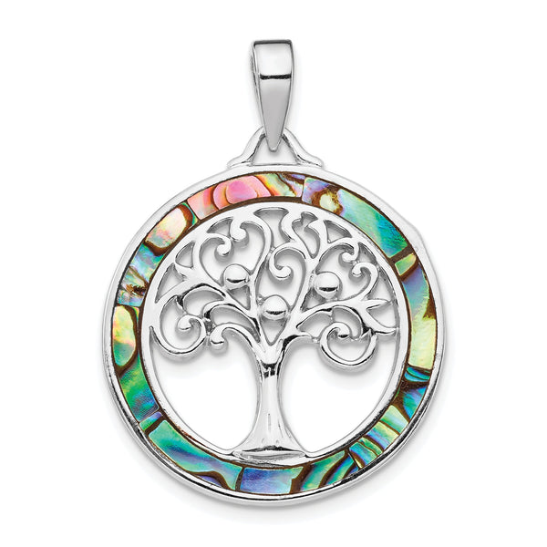 Sterling Silver Rhodium-plated Abalone Circle w/Tree of Life Pendant