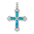 Sterling Silver Rhodium-plated Created Opal Cross CZ Pendant