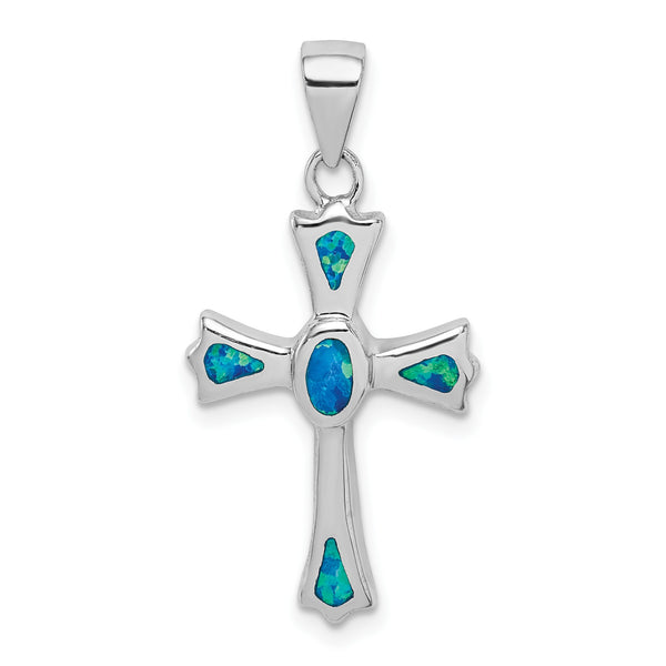 Sterling Silver Rhodium-plated Created Blue Opal Small Cross Pendant - Birthstone Company