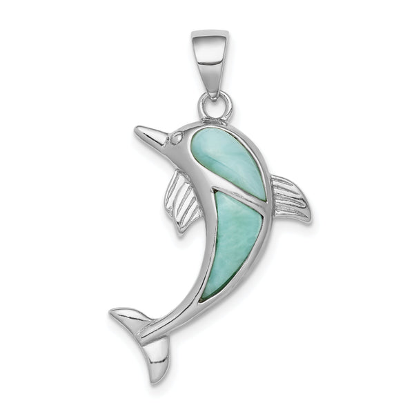 Sterling Silver Rhodium-plated Larimar Dolphin Pendant