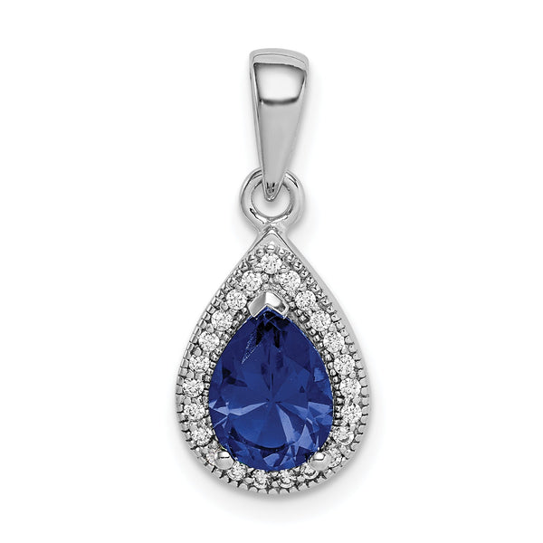 Sterling Silver Rhodium Plated Blue and Clear CZ Pendant