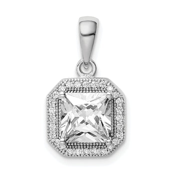 Sterling Silver Rhodium Plated Clear CZ and Square Clear CZ Pendant
