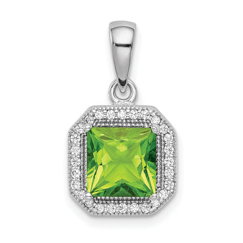Sterling Silver Rhodium Plated Clear CZ and Square Green CZ Pendant