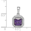 Sterling Silver Rhodium Plated Clear CZ and Square Purple CZ Pendant