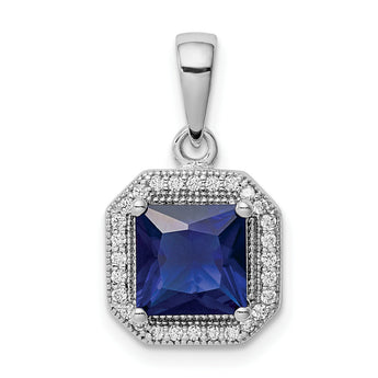 Sterling Silver Rhodium Plated Clear CZ and Square Blue CZ Pendant