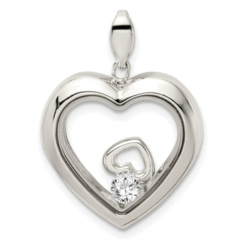 Sterling Silver Rhodium-plated CZ 19mm Heart Glass Pendant