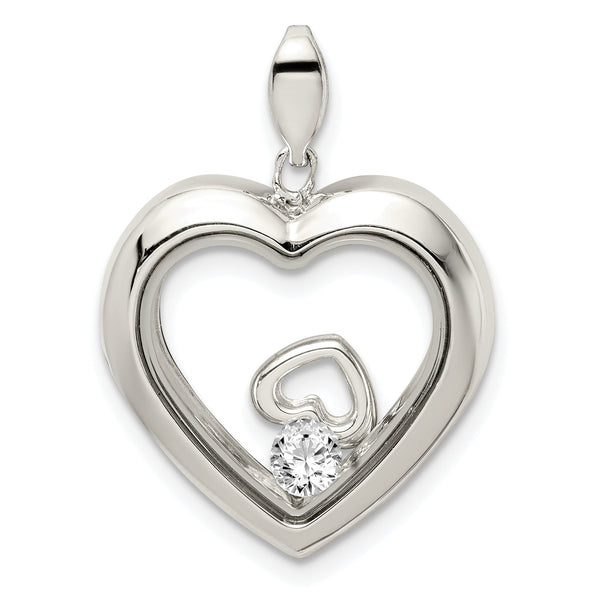 Sterling Silver Rhodium-plated CZ 19mm Heart Glass Pendant