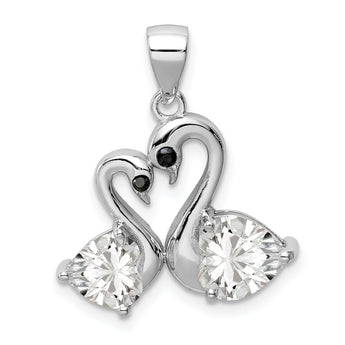 Sterling Silver Rhodium-plated Polished CZ Swan Couple Pendant