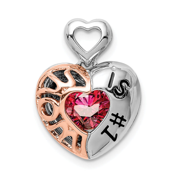 Sterling Silver Rhod-plated & Rose-tone Mom is #1 Vibrant Red CZ Pendant