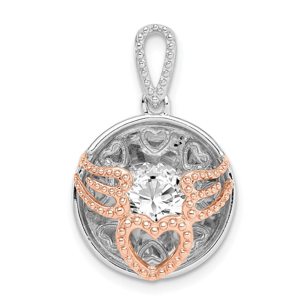 Sterling Silver Rhod-plated & Rose-tone Heart & Wings w/Vibrant CZ Pendant