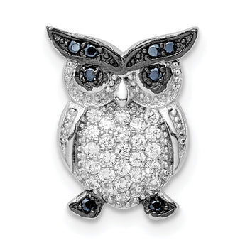 Sterling Silver Rhodium-plated Black and Clear CZ Owl Chain Slide