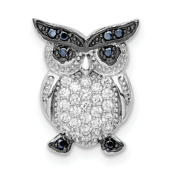 Sterling Silver Rhodium-plated Black and Clear CZ Owl Chain Slide