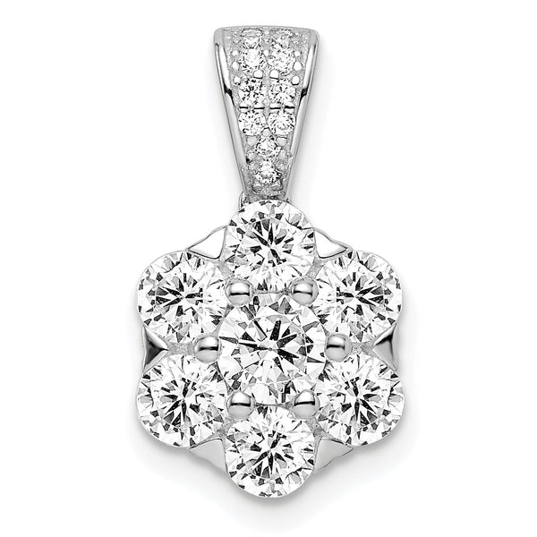 Sterling Silver Polished Rhodium-plated CZ Flower Pendant