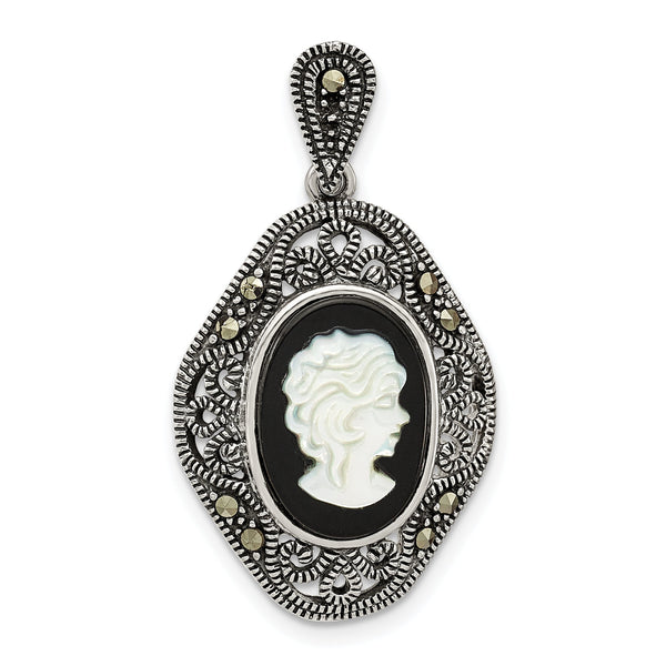Sterling Silver Antiqued Marcasite Black Agate & MOP Cameo Pendant