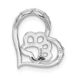 Sterling Silver Bk/Wht CZ Rhod-plated Paw Print Heart Chain Slide