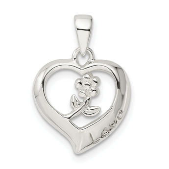 Sterling Silver Love Heart w/Flower Pendant