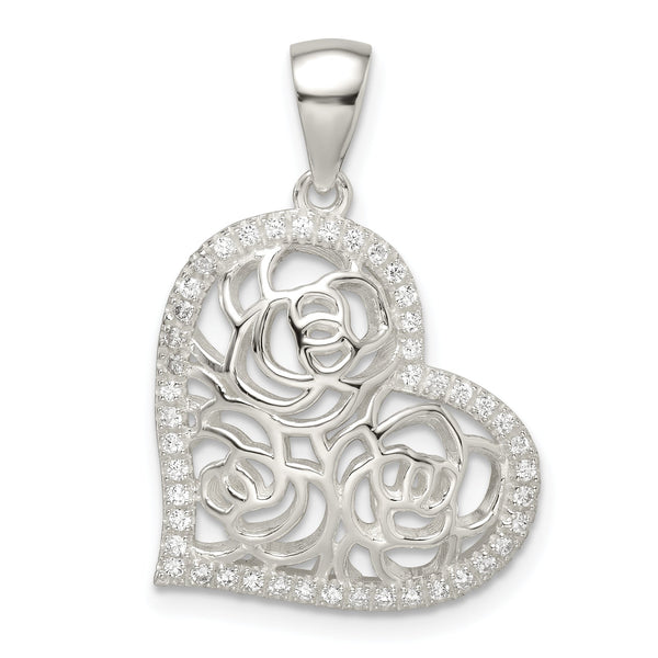 Sterling Silver CZ Roses in Heart Pendant