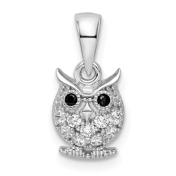 Sterling Silver Rhodium-plated Black & White CZ Owl Pendant