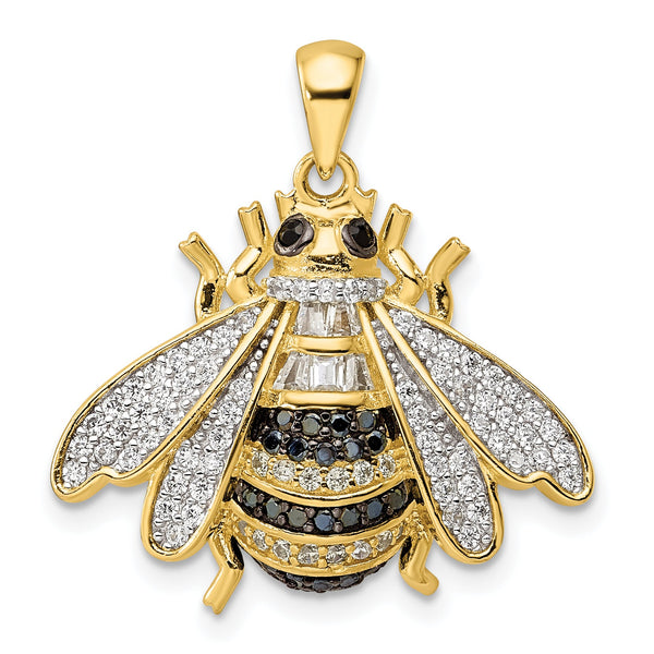 Sterling Silver Blk/White RH-plated Gold Tone CZ Bumblebee Pendant