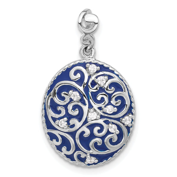 Sterling Silver Rhodium-plated Polished Swirl Blue Enamel CZ Oval Pendant