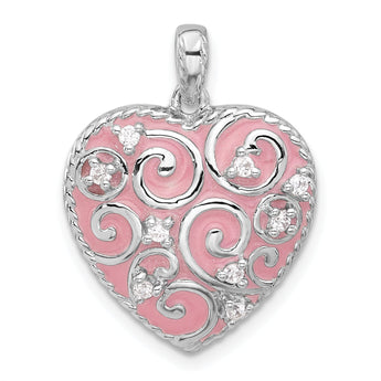 Sterling Silver Rhodium-plated Polished Pink Enamel CZ Heart Pendant