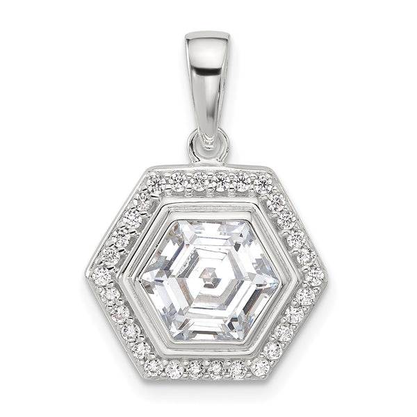 Sterling Silver E-coated CZ Hexagon Pendant