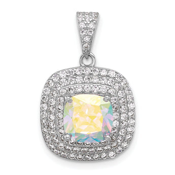 Sterling Silver Rh-plated Clear and Iridescent CZ Square Halo Pendant