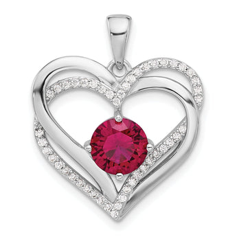 Sterling Silver Rhodium-plated Red and White CZ Double Heart Pendant