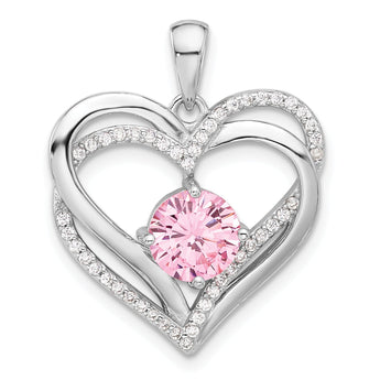 Sterling Silver Rhodium-plated Pink and White CZ Double Heart Pendant