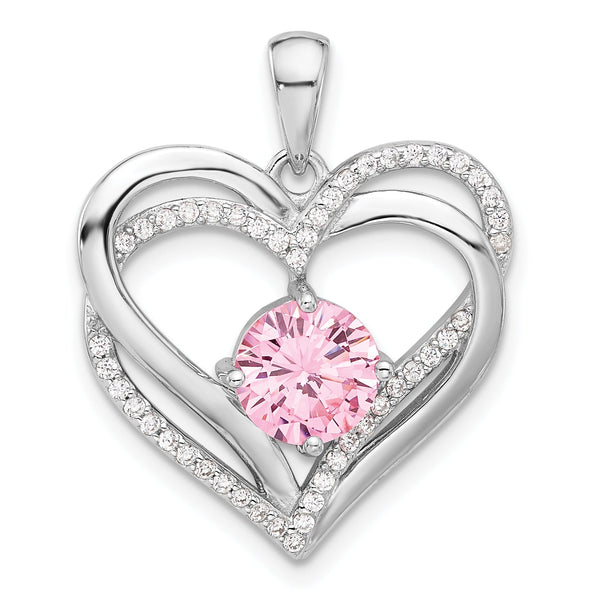 Sterling Silver Rhodium-plated Pink and White CZ Double Heart Pendant