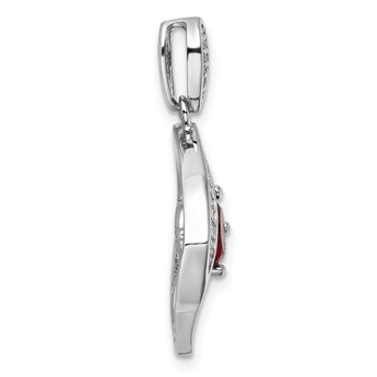 Sterling Silver RH-plated Red Glass & Clear CZ Fancy Square Pendant
