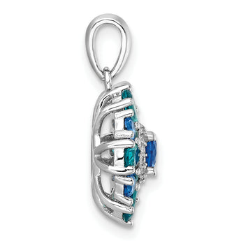 Sterling Silver Rhodium-plated Blue/Green Nano Crystal & CZ Floral Pendant