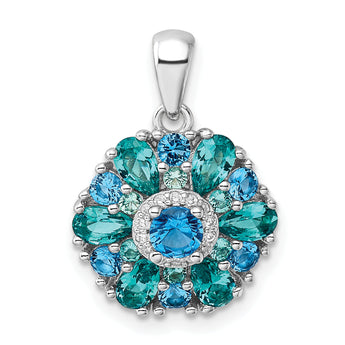 Sterling Silver Rhodium-plated Blue/Green Nano Crystal & CZ Floral Pendant