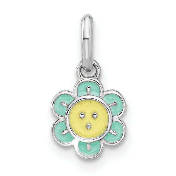 Sterling Silver RH-plated Blue & Yellow Enamel Flower Children's Pendant
