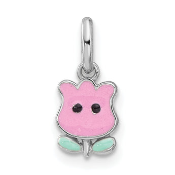 Sterling Silver RH-plated Pink & Green Enamel Tulip Children's Pendant