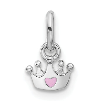 Sterling Silver RH-plated Pink Enameled Heart Crown Children's Pendant