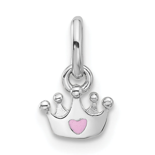 Sterling Silver RH-plated Pink Enameled Heart Crown Children's Pendant
