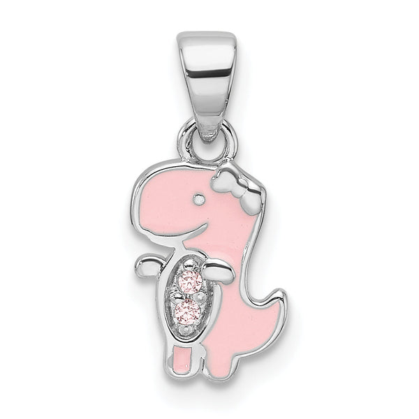 Sterling Silver RH-plated Pink Enamel & CZ Dinosaur Children's Pendant