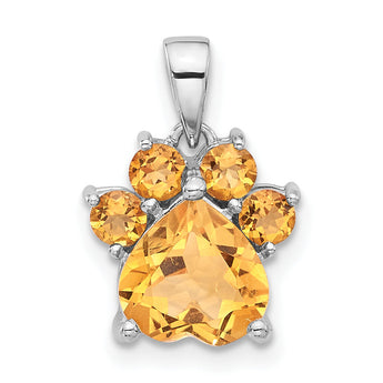 Sterling Silver Rhodium-plated Polished Citrine Paw Pendant
