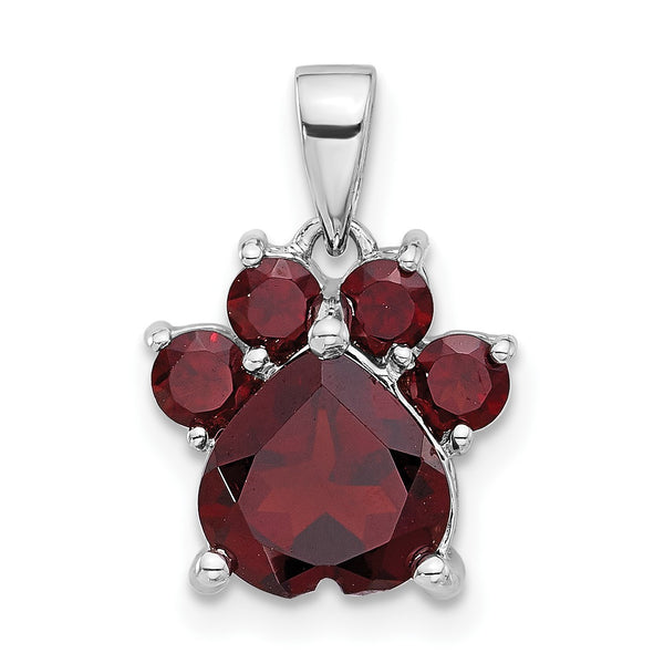 Sterling Silver Rhodium-plated Polished Garnet Paw Pendant - Birthstone Company