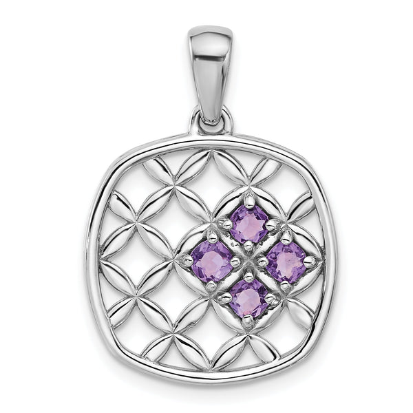 Sterling Silver Rhodium-plated Amethyst Basket Weave Design Pendant