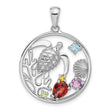Sterling Silver Rhodium-plated Polished Rainbow Multi-Gemstone Sea Turtle Pendant - Birthstone Company