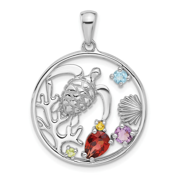Sterling Silver Rhodium-plated Polished Rainbow Multi-Gemstone Sea Turtle Pendant - Birthstone Company