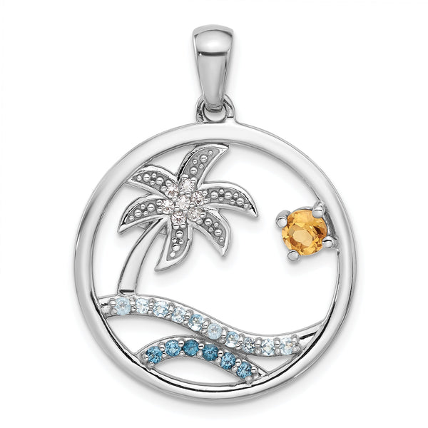 Sterling Silver Rhodium-plated Rainbow Multi-Gemstone Ocean Palm Tree Penda